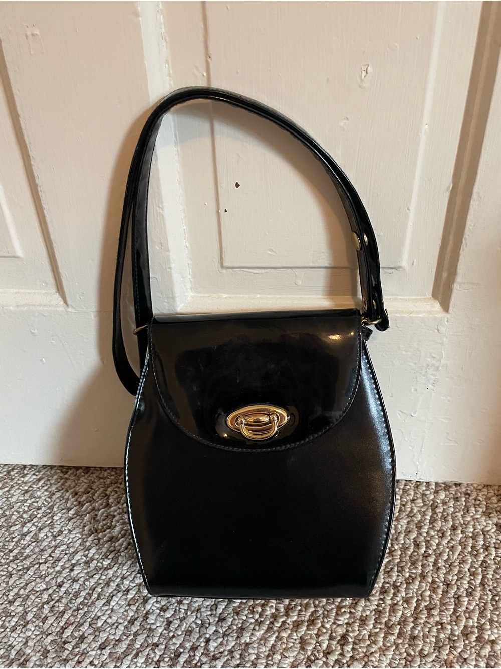 Classic Black Patent Shoulder Bag with Gold Turn-Lock